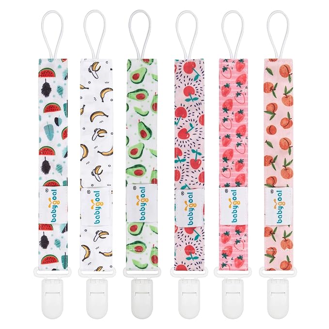 babygoal Fruit Pacifier Clips, 6 Pack Binky Paci Holder Clips Leashes Fits for Most Pacifiers and Binkies 6PS28-B