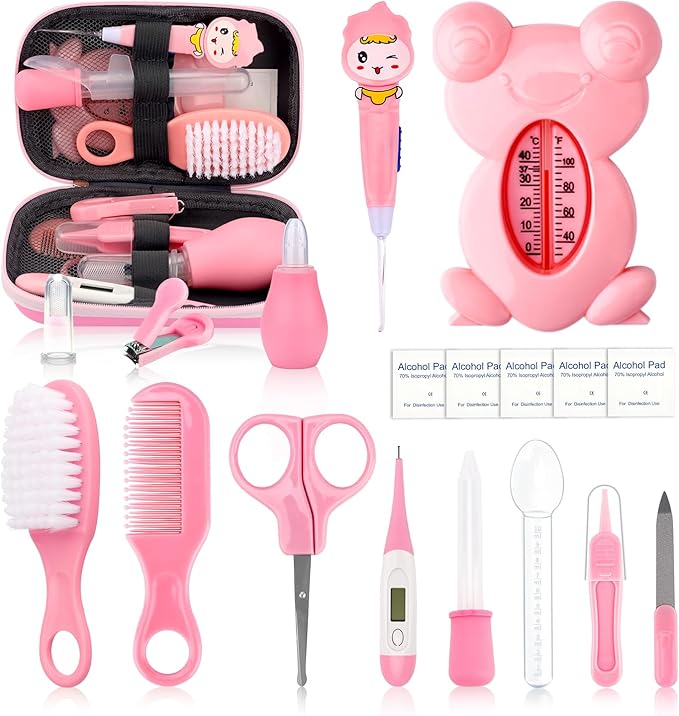 Baby Grooming and Healthcare Kit, Infant Safety Care Set with Hair Brush Comb Nail Clipper Nasal Aspirator,Baby Essentials Kit for Newborn Girls Boys (13 in 1, Pink)