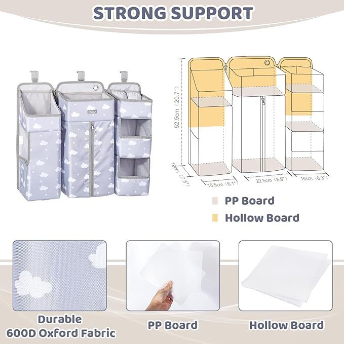 Orzbow XL Hanging Diaper Caddy Organizer for Baby Essentials, Removable 3 in 1 Diaper Stacker, Changing Table Organizer for Crib, Playard, Wall, Multi-Compartments, Two Hang Ways, Grey Cloud