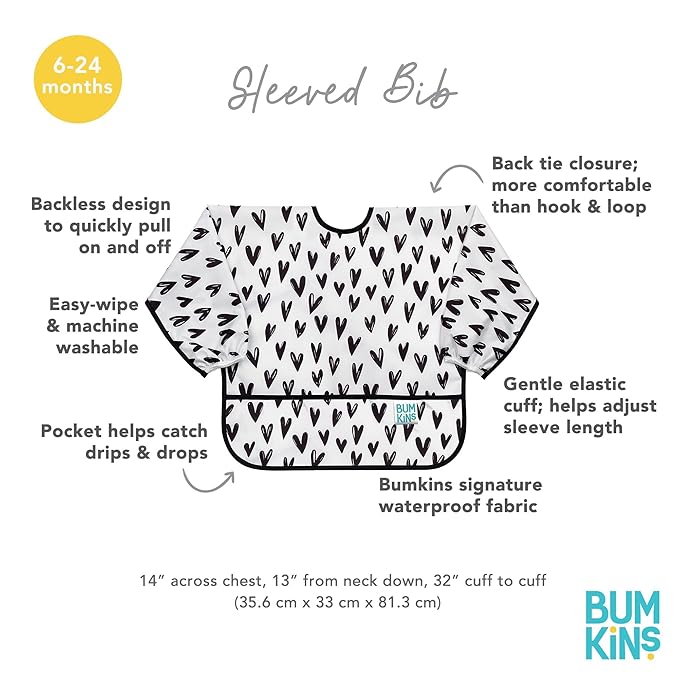 Bumkins Sleeved Bib for Girl or Boy, Baby and Toddler for 6-24 Months, Essential Must Have for Eating, Feeding, Baby Led Weaning Supplies, Long Sleeve Mess Saving Food Catcher, Hearts Black and White