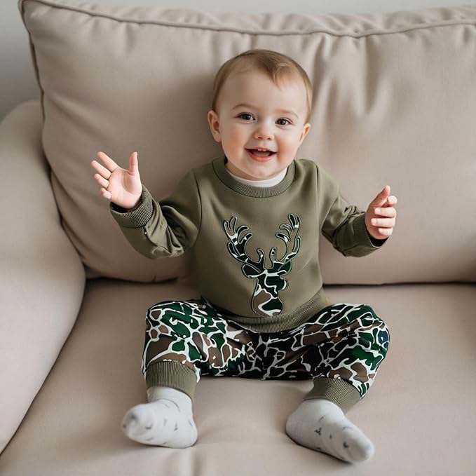 Muineobuka Toddler Baby Boy Hunting Clothes Reindeer Embroidery Sweatshirt and Camouflage Pants Outfits Baby Camo Clothing