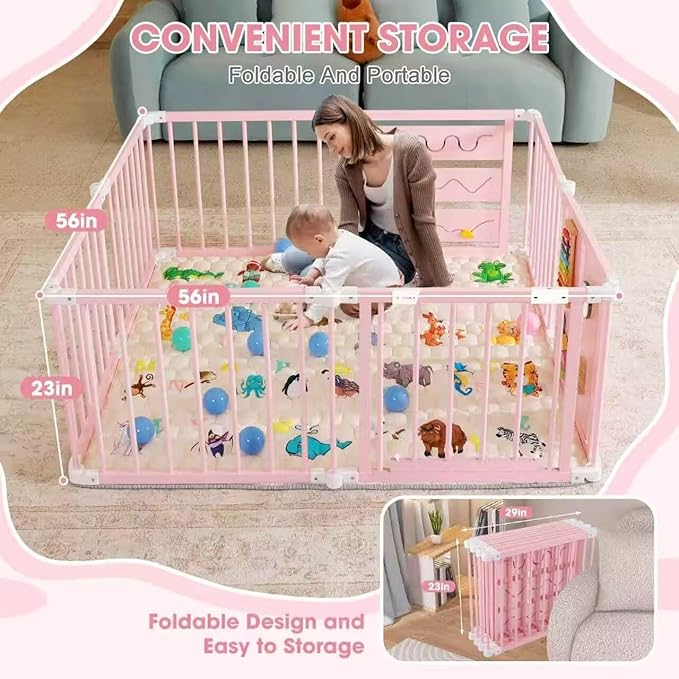 Foldable Wooden Baby Playpen with Soft Play Mat, Adjustable Playpen for Babies and Toddlers with 36 Colorful Balls, Portable Baby Fence Play Area Activity Center with Gate for Toddlers(56x56x23inches)
