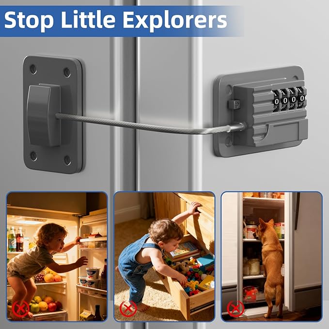 Refrigerator Lock, Heavy Duty Fridge Locks for Kids, Freezer Lock with Combination for Refrigerator Drawer Cabinet Safety, Easy to Install No Keys Needed Grey