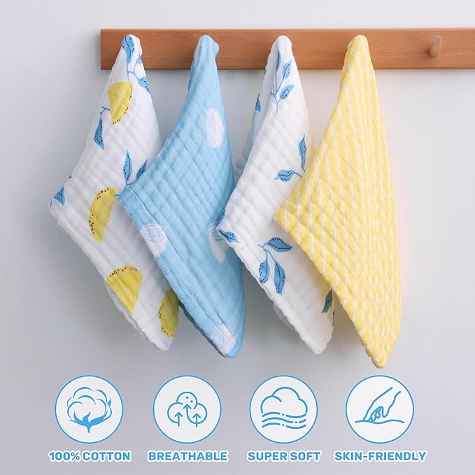 Viviland Baby Muslin Burp Cloths, Super Absorbent Washcloths for Baby Girl and Boy, 10 x 20 inches 6-Layer Baby Bath Towels, Lemon & Leaves 4 Pack