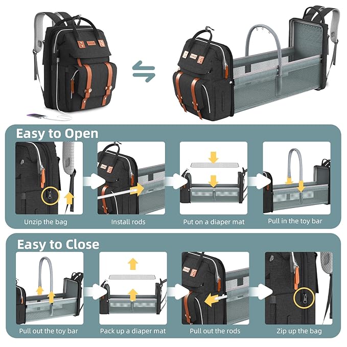 Diaper Bag Backpack with Changing Station, Large Diaper Bag, Baby Bag, Black Diaper Bag, Black
