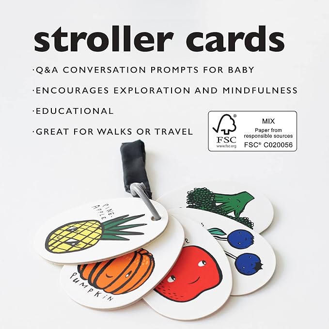 Wee Gallery Stroller Cards - I See In the Market- Food and Colors Travel Activity for Babies and Kids, with Snap on Strap for Walks, Car Seat, Bag, Stroller