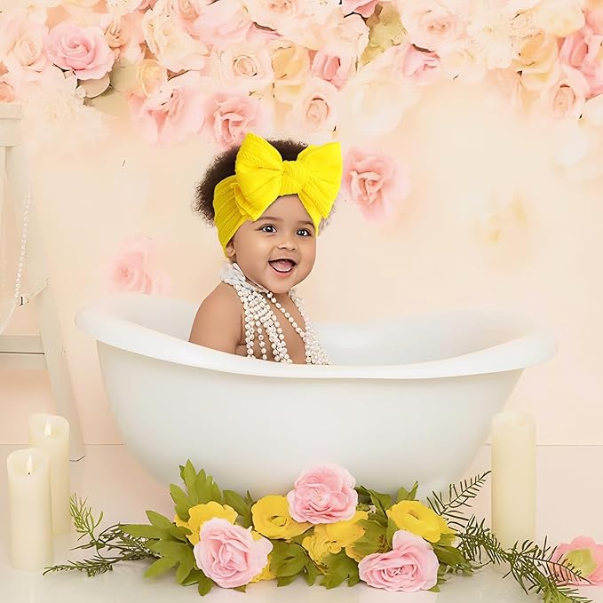 LemonSpace Handmade Baby Girls Headbands Soft Stretchy Nylon Hair Bands Hair Accessories with Bows for Newborn Baby Girls Infant Toddlers Kids(Yellow)