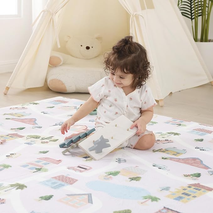 1.3" Thick Educational Baby Floor Play Mat 59x 71, Basic Padded Memory Foam Mat, Non-Slip Plush Playmat for Nursery Playroom Classroom (Community)