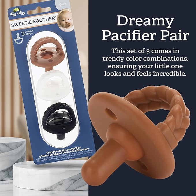 Itzy Ritzy Silicone Pacifiers for Newborn – Itzy Soother Pacifiers Feature Collapsible Handle & Two Air Holes for Added Safety – for Ages 0-6 Months, Coffee & Cream Set of 3 in White, Tan & Brown
