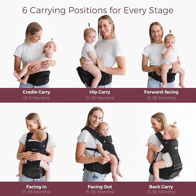 Momcozy Baby Carrier with Hip Seat, 2-in-1 Forward-Facing Carry for Active Babies, Detachable Hands-Free Infant Carrier up to 44lbs, All Seasons Toddler Carrier Fits Waist Sizes up to 45 Inches, Black