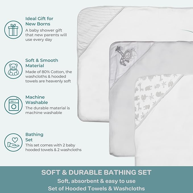 Spasilk Baby 3 Pack Soft Terry Hooded Towel Set for Newborn Boys and Girls Gray Lion One Size