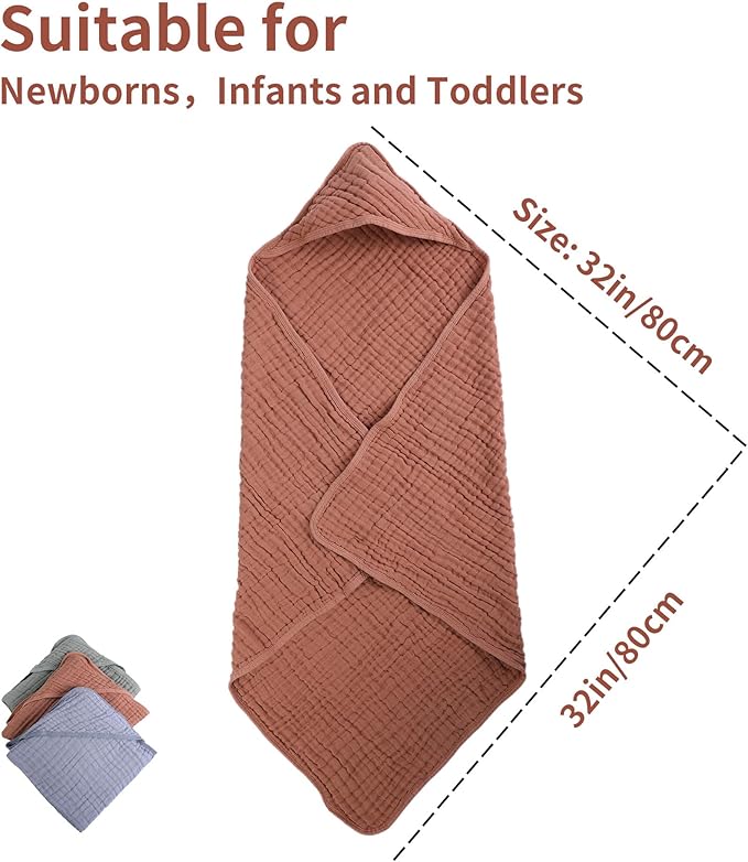 Newborn Hooded Towels 2-Pack, 100% Cotton Plain Weave Muslin Baby Bath Towels, Soft & Absorbent, 32x32 Inches (Sand Red + Emerald Green)