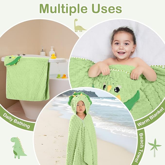 FIOBEE Toddler Bath Towel with Hood Baby Towels, 55x28 inch Large Soft Absorbent Kids Hooded Towels for 1-5 Years Old Baby Girls Boys Bath Beach Essentials Blanket, Green Dinosaur