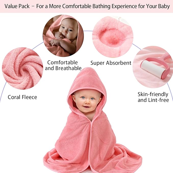 4 Pack Hooded Baby Towels, 32x32 Inch Absorbent Bath Towels, Soft Coral Fleece Hooded Towel for Newborns, Infants, and Toddlers – Baby Bath Essentials (Light Gray + Sky Blue + White + Pink)