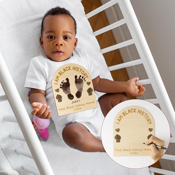 R HORSE 3D Baby's First Black History Month Footprint or Handprint Art Sign Craft, I am Black History DIY Wooden Hanging Decoration, Newborn Keepsake Gift for Unisex Baby Photo Prop Nursery Decor