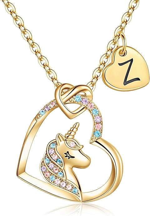 Hidepoo Valentines Gifts for Kids Girls - Unicorn Necklace Gifts for Teen Girls Kid, Colorful CZ Heart Pendant Initial Unicorn Necklaces for Girl Jewelry Birthday Gift for Girl Kid