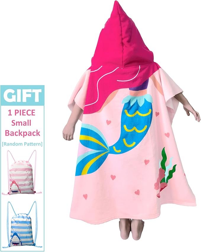 Hooded Kids Beach Towels - Toddler Bath Towel Girls Boys Swim Cover-ups for Ages 4 to 10 Kids Pool Towels Quick Dry Lightweight Soft Microfiber Poncho 30x30(Pink Mermaid)