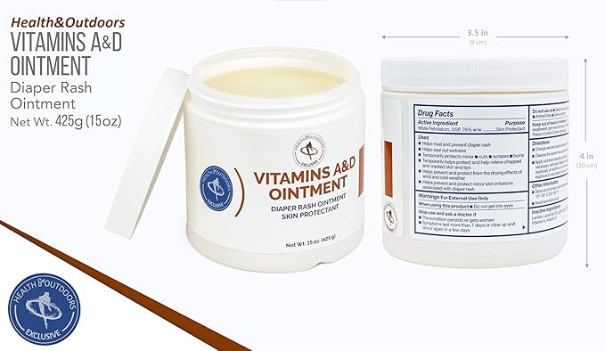 Vitamin A & D Ointment 15 Oz Jar, Skin Protectant for Diaper Rash, Cuts, Burns, Abrasions, Wounds and Scrapes