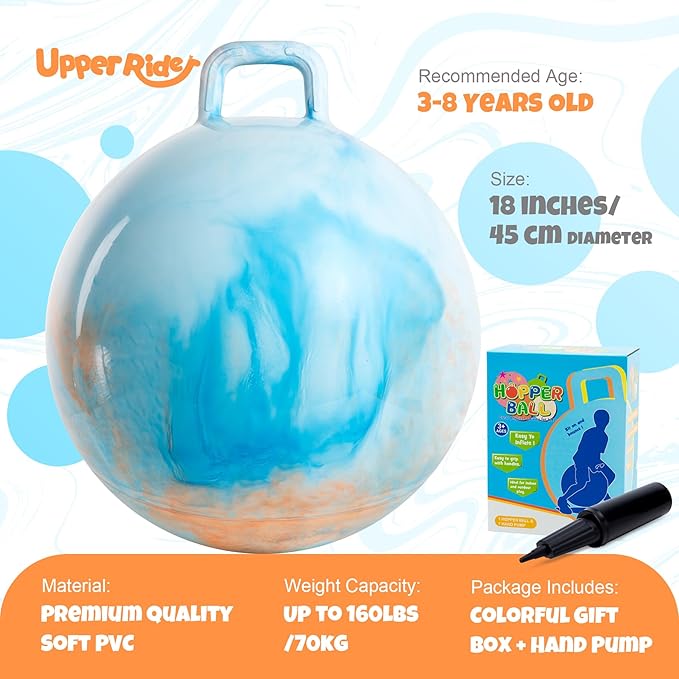 Upper Rider Clouds Hopper Ball for Kids,18 Inch Bouncy Ball with Handle,Inflatable Hopping Toys for Boys Girls Aged 3-8, Indoor Outdoor Jumping Toys Gift with Pump
