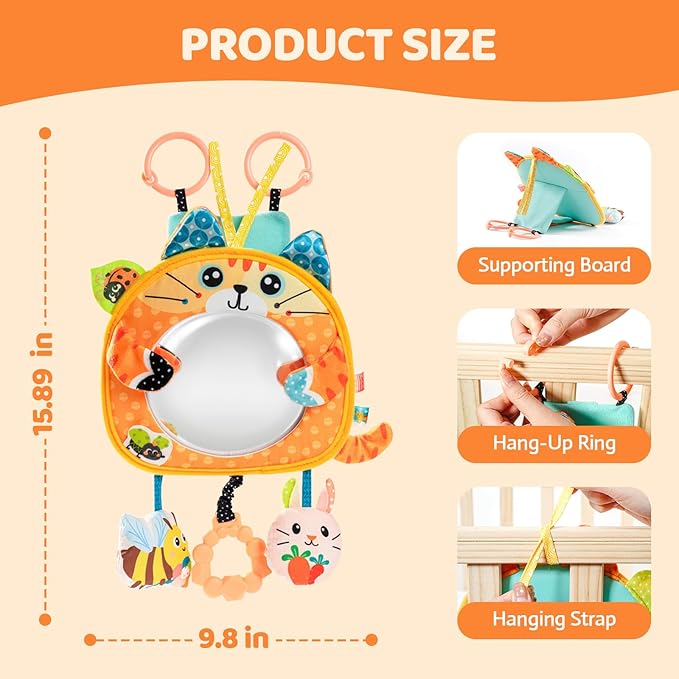 Jollybaby Car Seat Crib Stroller Play Gym Hanging Toy for Baby 0-3-6-12 Months, Tummy Time Mirror Toys Gifts for Newborn Infants, Carseat Travel Toy for Road Trip - Cat