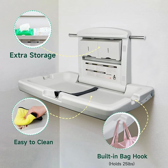 Baby Changing Station Wall-Mounted, Foldable Diaper Changing Table with Safety Straps for Commercial Bathroom, in Elegant Grayish White