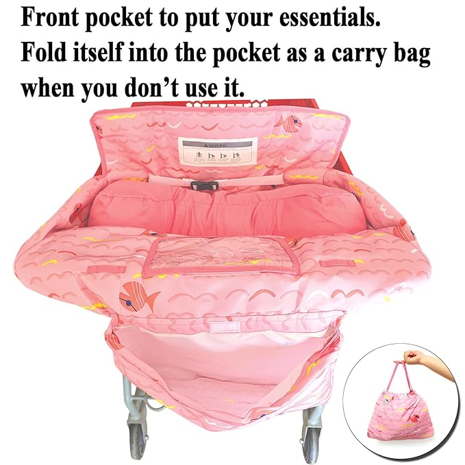 Love&go Soft Pillow Attached 2-in-1 Shopping Cart and High Chair Cover for Baby, Cotton Padded Cart Cover, Fold'n Roll Style, Portable with Carry Bag (Pink Fish)