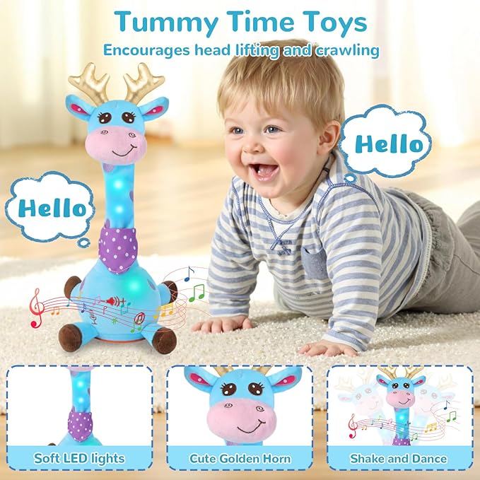 MILGEI Dancing Talking Giraffe Toy, Singing Musical Tummy Time Baby Toy with Volume Adjustment, 10 Children's Songs Light Up Toys, Repeating What You Say, Blue Giraffe Stuffed Animal for Girls Boys