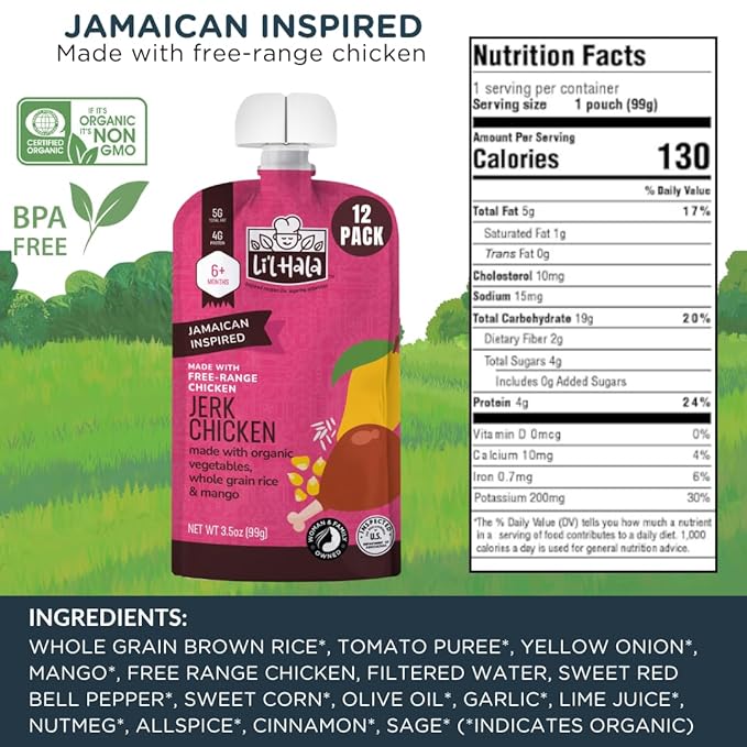 Li'l Hala Foods - Baby Meat Pouches - Toddler Meals with Meat – Protein & Healthy Fats Puree – No Hormones – 6+ Months – 3.5 oz (12 Pack) (Jerk Chicken)