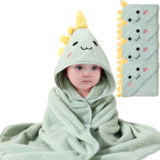 Hooded Baby Towels, 4 Packs Premium Soft Baby Bath Towels with Hood for Babies, Toddler, Infant - Ultra Absorbent, Baby Stuff Shower as Best Gifts for Boys and Girls (4Pack) (Green Dinosaur)