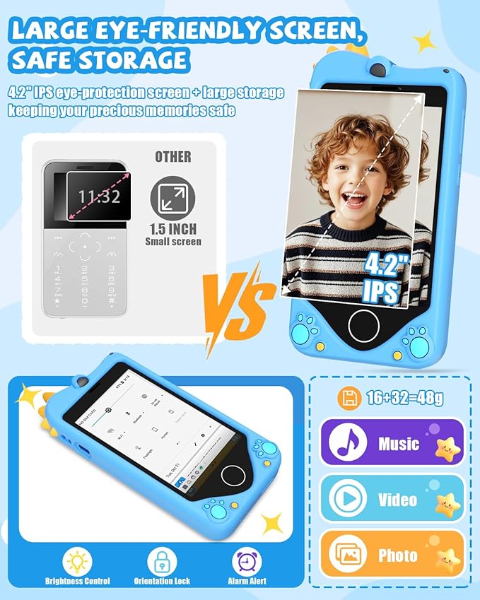 Kids Smart Phone for Girls - Safest Phone for Kid & Teens, Talk & Text - Kids Cell Phone Toy, 4.2'' Touchscreen, Dual Cameras, Games, 32GB Card (Blue)