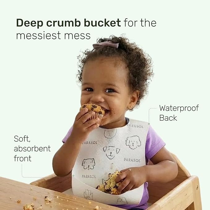 PARASOL Disposable Bibs, Soft-Absorbent Top Layer with Leak-Resistant Waterproof Backing, Built-In Crumb Catcher, Hypoallergenic, Disposable Bibs for Toddlers and Babies, 4 Boxes (20 Each), 80 Count