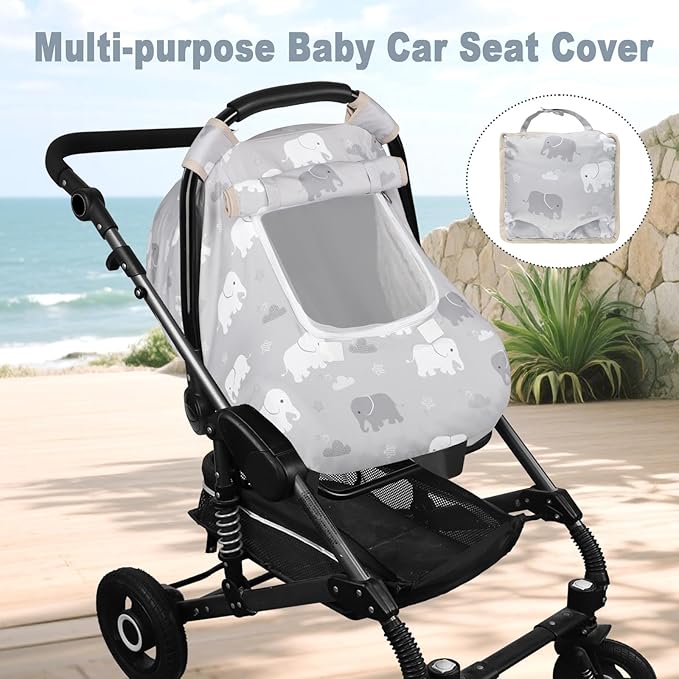 Windproof Baby Car Seat Cover, 3D Mink Dot Infant Car Seat Canopy with Breathable Mesh Window, Baby Carrier for All Seasons, Easy Access Carseat Covers Snug Fit Infant Stroller(Elephant)