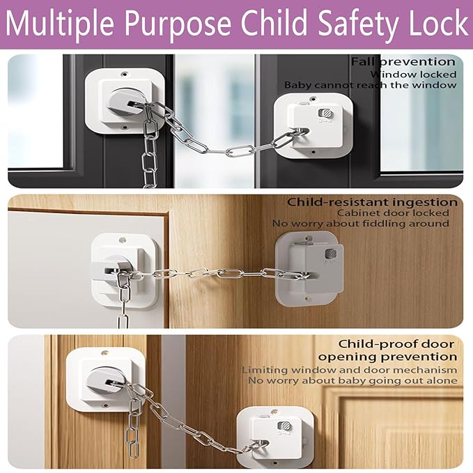 Child Proof Door Lock with Adjustable Strap, Cat Door Latch 3M Adhesive Safety Locks for Baby, Dementia & Pets, No Tools Needed 2 Pack