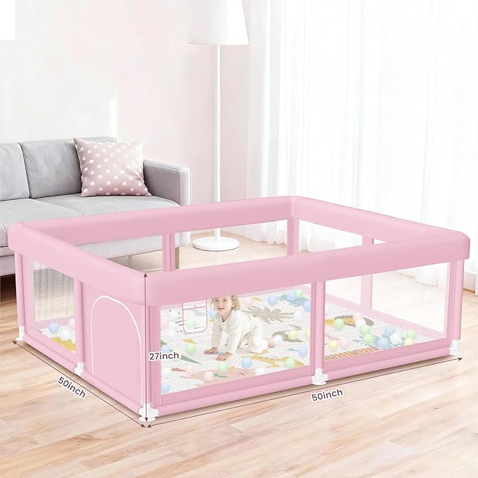 Large Baby Playpen with Mat 50"x50" Baby Girl Play Pen for Babies and Toddlers, Safe Structure and Soft, Skin-Friendly Fabric with Zipper Gates Pink