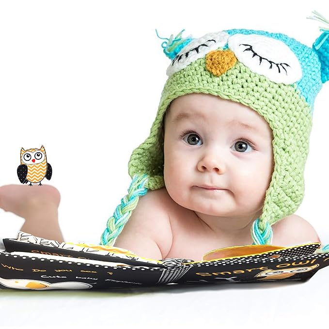 Touch and Feel Cloth Crinkle Books for Babies Infant, Baby Books Toys 0-3-6-12 Months, Christmas Shower Baby Gifts, High Contrast Toy,Teething Teethers, Tummy Time Mirror Toys for Boys and Girls-Owl
