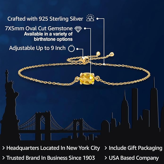 Gem Stone King 7X5MM Oval Gemstone Birthstone Solitaire Bracelet For Women | 925 Sterling Silver | Adjustable Bolo Bracelet For Women | Fine Jewelry Gifts for Her Mom Wife