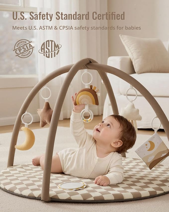Blissful Diary Baby Play Gym Mat, Play Mat Activity Mat with 6 Detachable Toys for Stage-Based Sensory & Motor Skill Development, Easy to Install & Clean, Baby Essentials Gift, Brown Checkerboard