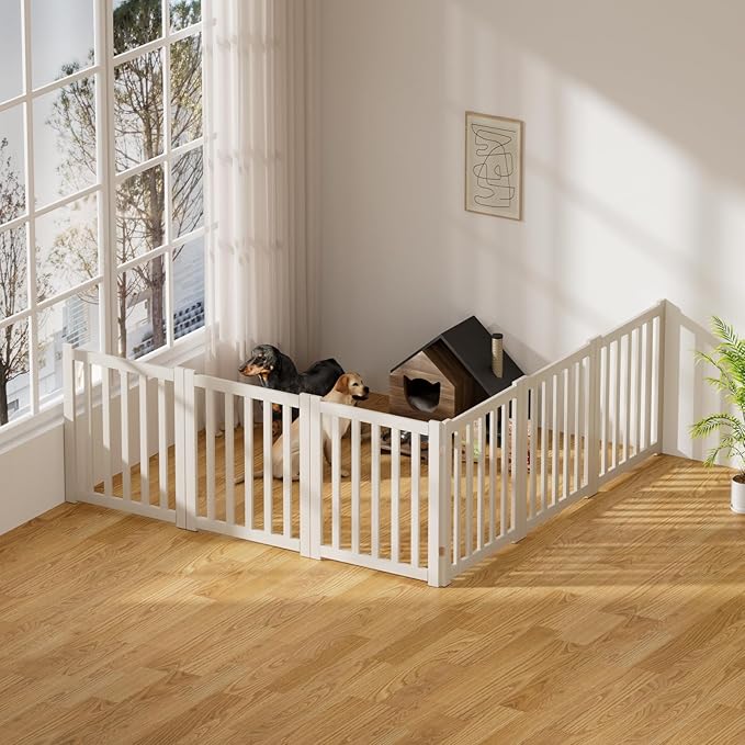6-Panel Solid Wood Dog Gate - Freestanding Folding Pet Gate for Doorways, Stairs, Indoor, 24" Height, No Installation Needed, White