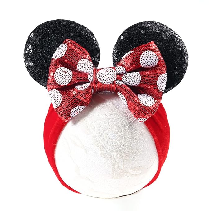 JIAHANG Baby Girl Mouse Ears Headwrap with Sequin Polka Dot Bow, Velvet Turban Hairband, Hair Bow Headband for Toddler, Kids, Party Supplies