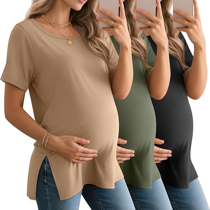 3 Pack Women's Maternity Shirts Short Sleeve Round Neck Side Split Pregnancy Tops Loose Summer Casual Mama Clothes