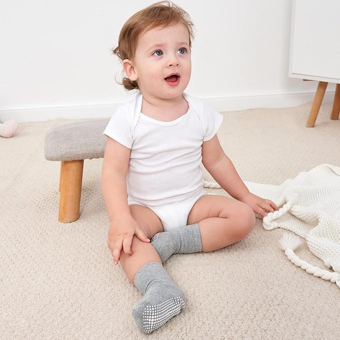 ZAPLES Baby Non Slip Grip Crew Socks with Anti Skid Soles for Infants Toddlers Kids Boys Girls