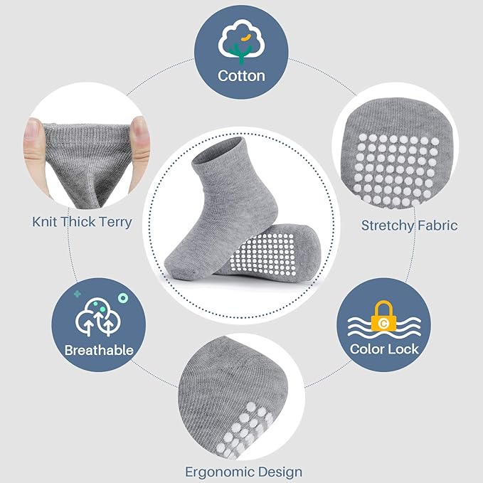 JAKIDAR 12 Pack Baby Toddler Socks Non Slip Grip Cotton Crew Socks for Boys Girls Infants Kids