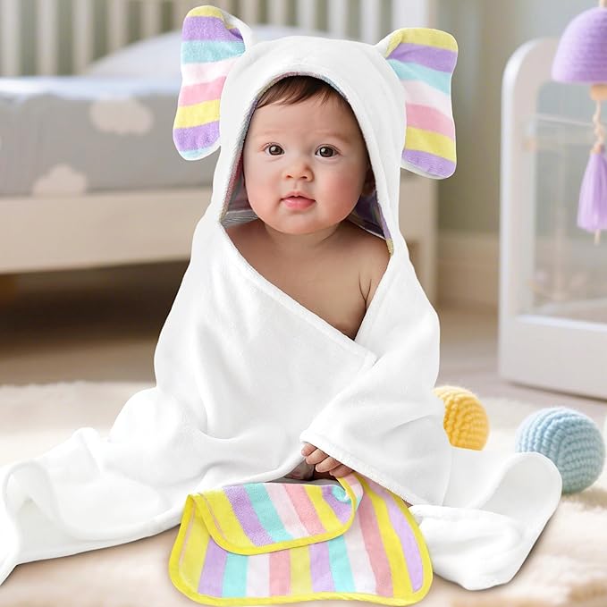 VOOVA & MOVAS Luxury White Baby Hooded Bath Towel - 100% Cotton,500GSM, 33x31.5 Inches,0-2Years, Super Absorbent Large Towel with Cute Elephant Ears Hood for Newborn, Infant, Baby Essentials,White