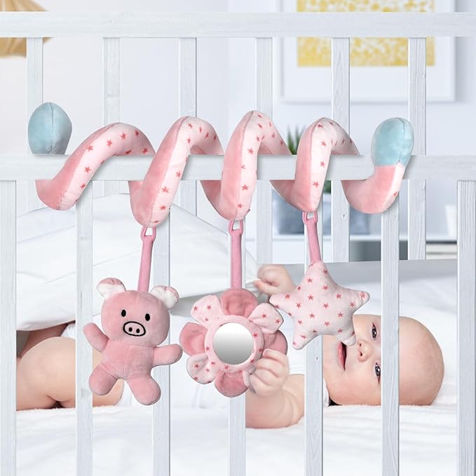 SAMMAS Car Seat Toys, Infant Baby Pink Pig Spiral Activity Hanging Toys Stroller Toys for Car Seat Stroller Bar Crib Bassinet Mobile with Mirror BB Squeaker and Rattles