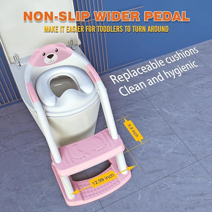 Potty Training Seat, SKYROKU Upgrade Toddler Toilet Seat for Kids Boys Girls, 2 in 1 Potty Training Toilet, Splash Guard Anti-Slip Pad Step Stool,New Sector-Shape Stabilized Base (8899+Pink)