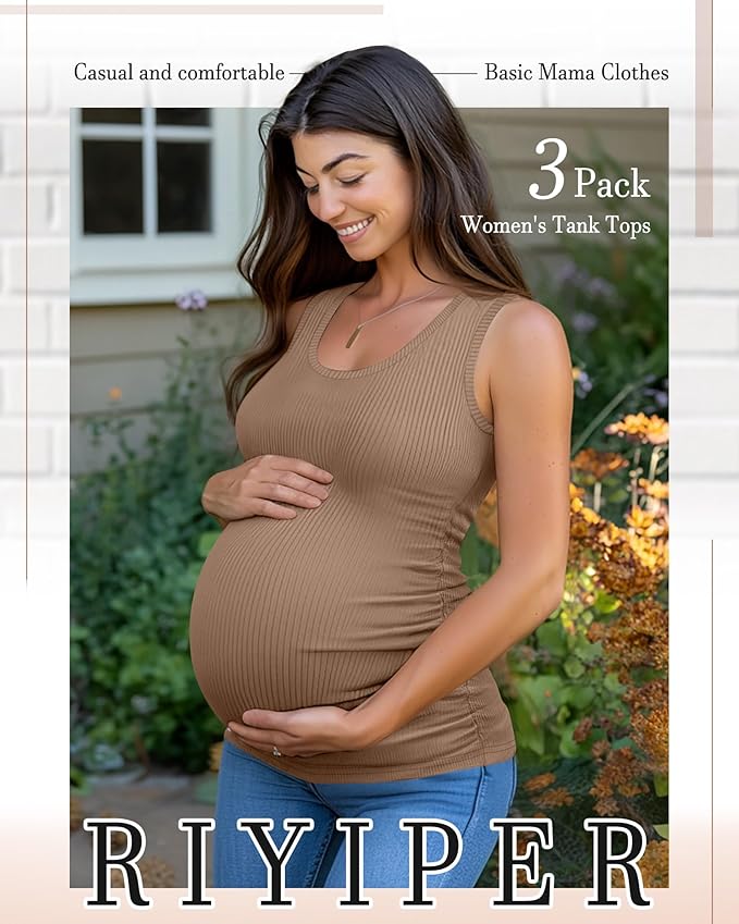 Riyiper 3 Pack Women's Maternity Tank Tops, Sleeveless Cotton Pregnancy Shirts Ribbed Knit Sides Ruched Basic Mama Clothes
