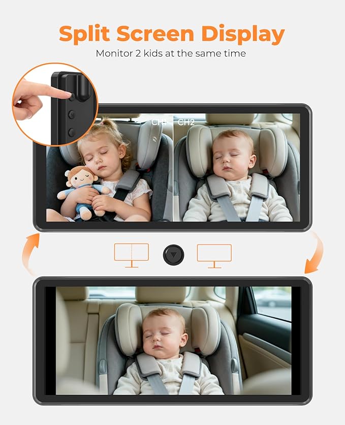 BM5PRO 7.2" 1080P HD Baby Car Camera for 2 Kids, Split Screen with IR Night Vision, Easy to Install & Adjust Brightness, Dual Car Camera Baby Monitor for Rear Seat Safety