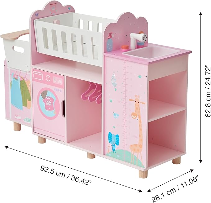 Olivia's Little World 6-in-1 Wooden Baby Doll Nursery Set – Crib, High Chair, Changing Table, Doll Furniture for 16” Dolls – Baby Doll Accessories Playset for Girls Ages 3+, Pink