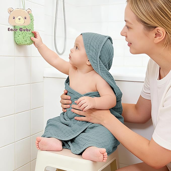 3-Pack Muslin Hooded Baby Towels, 100% Cotton, Ultra-Soft & Absorbent Baby Bath Towels with Hood for Babies, Infant, Toddler and Newbron (Grey, Green and Slate,32" x 32")