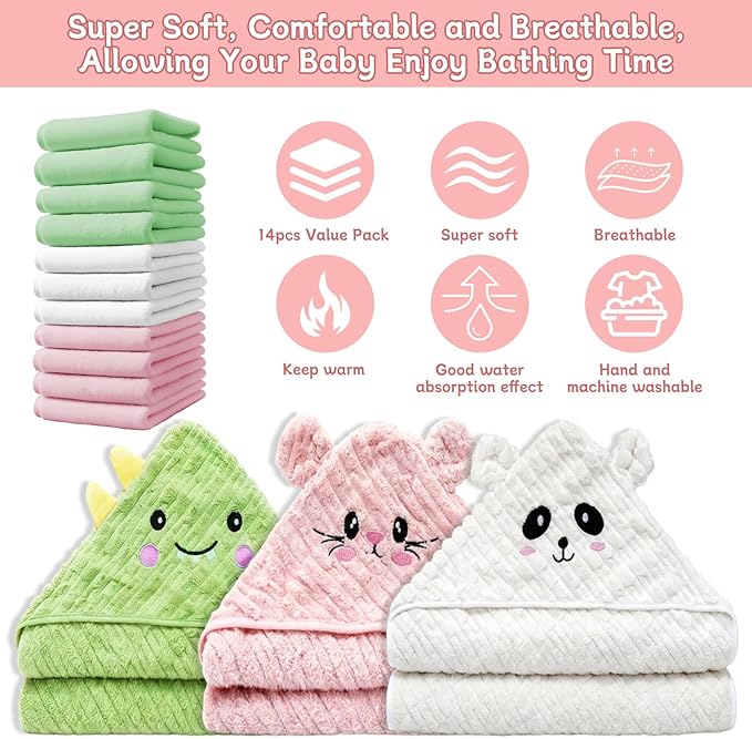 14 PCS Thicken Baby Towels Set, 3 PCS Soft Hooded Baby Towels & 11 PCS Washcloths, Baby Bath Towels for Newborns, Infants & Toddlers, Ultra Absorbent, Cute Baby Towel Gift for Girls